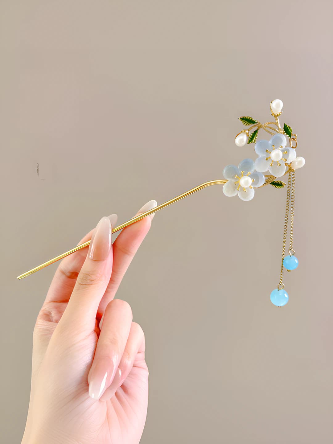 46# Blue double flower tassel pendant - Gold (in bag)