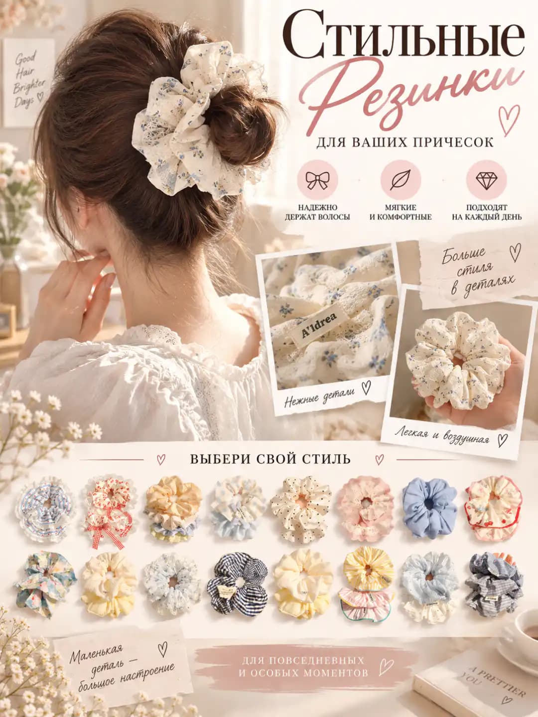 Women's stretch lace hair tie in checked pattern, large size, with fruit design