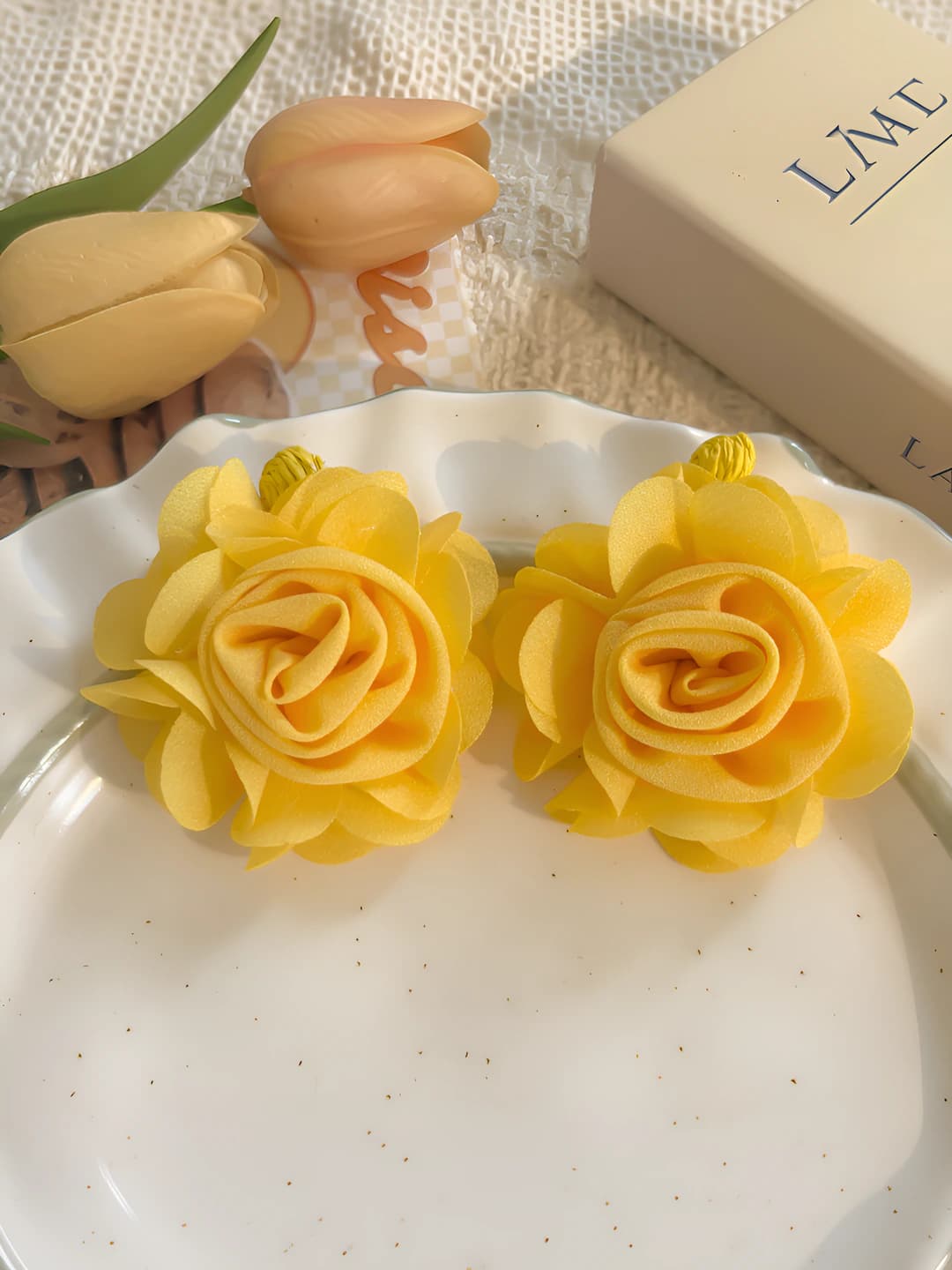 Yellow fabric rose studs - 6.3 cm