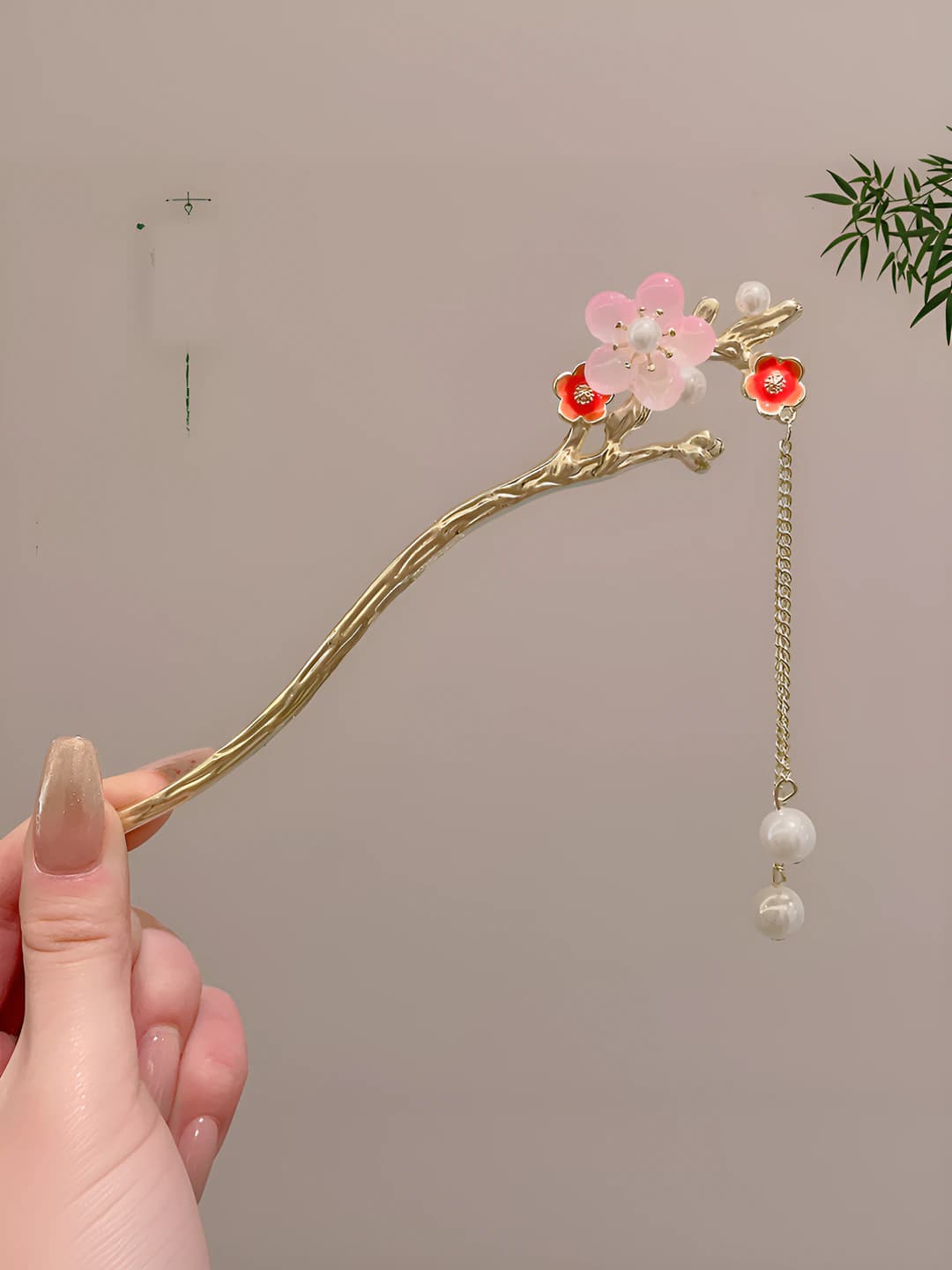 20# Plum blossom pink single flower pearl tassel hairpin (in bag)