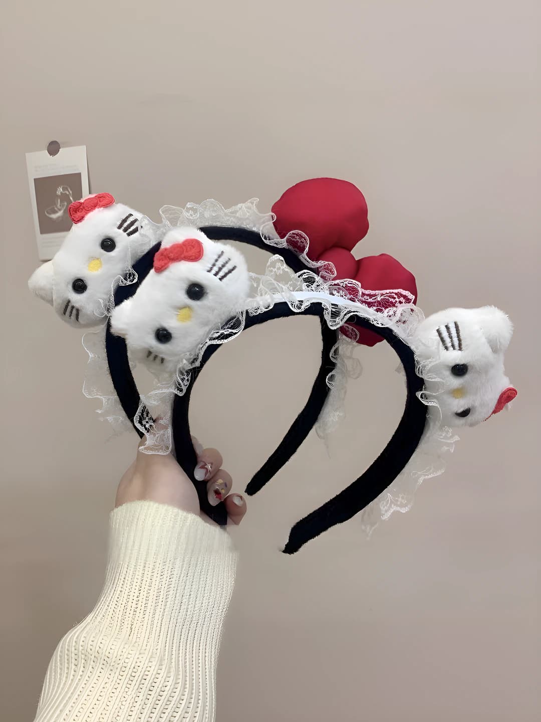 Ayollar uchun Hello Kitty dantel plyushevaya obodok, bichak va karton dizayn elementi