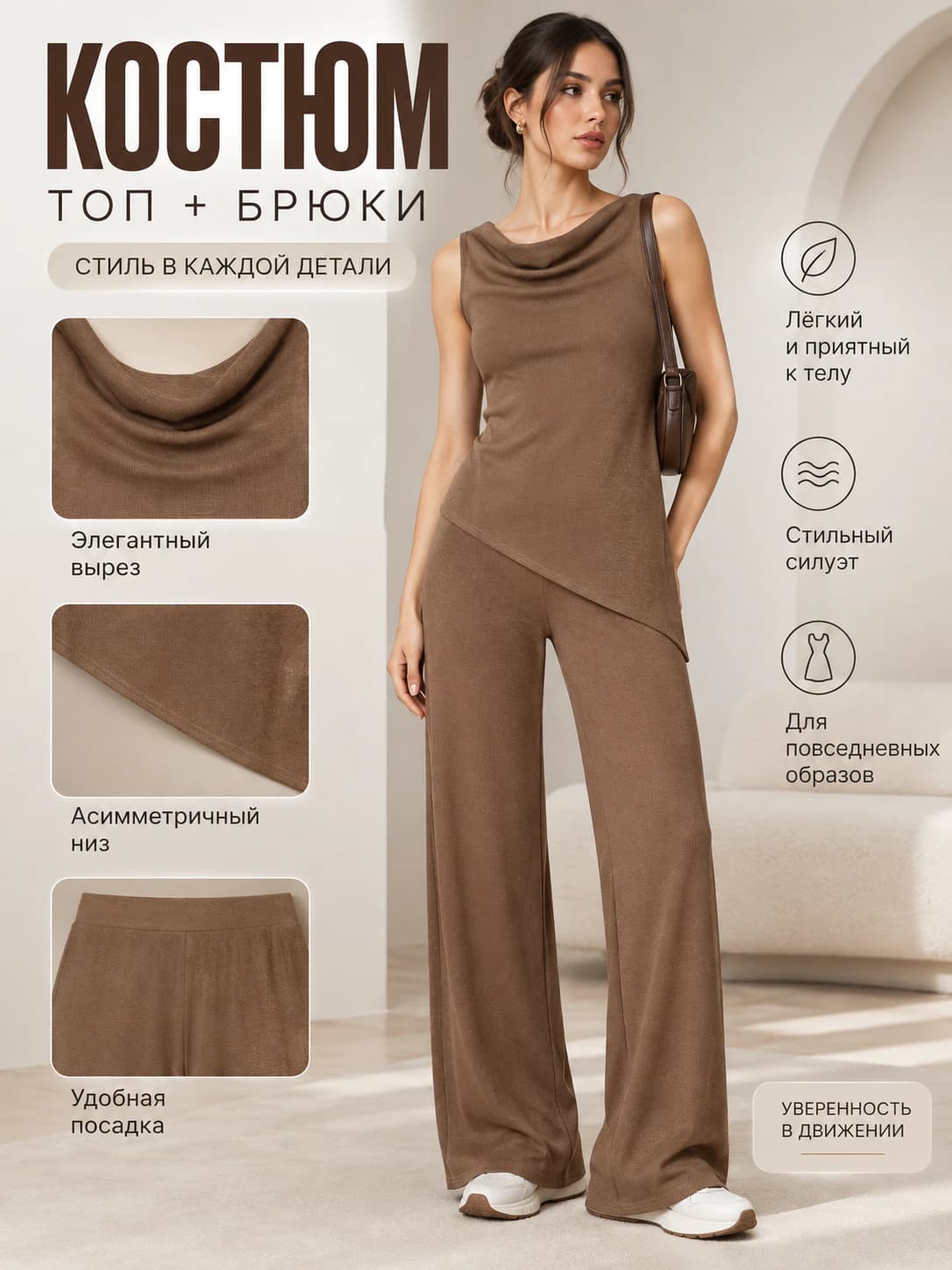 Women's clothing set: sleeveless tank top and straight cut pants, slim fit, solid colour, all-season