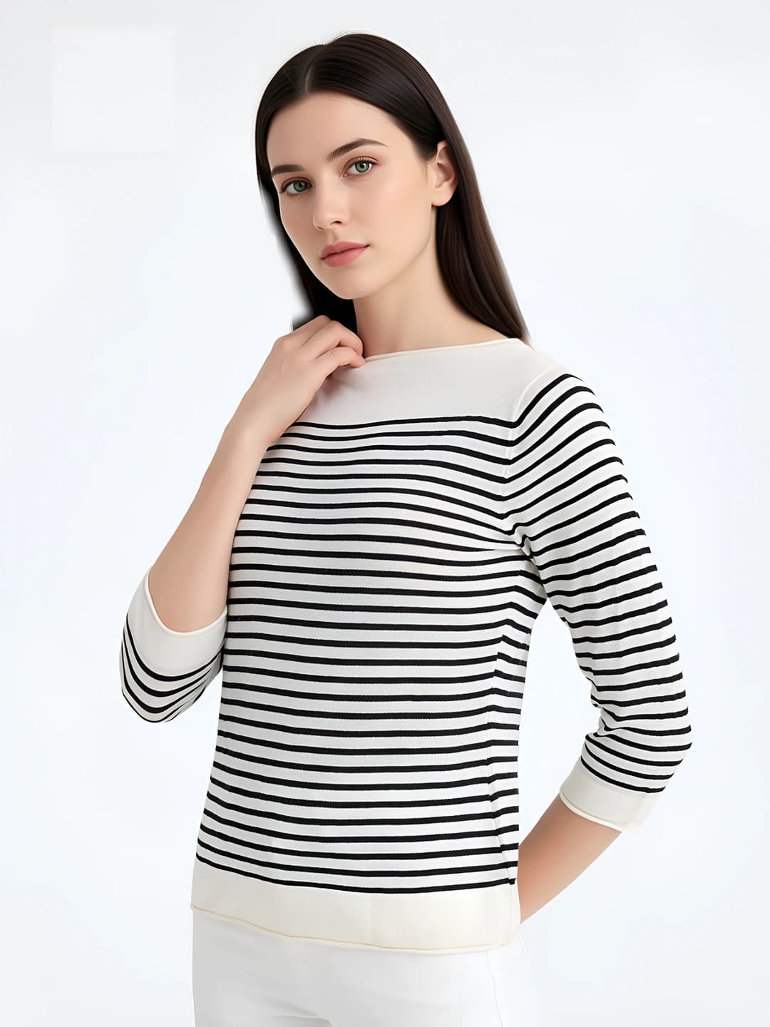 Women's spring striped silk long-sleeve base top, mulberry silk and lyocell blend, crew neck, three-quarter sleeve