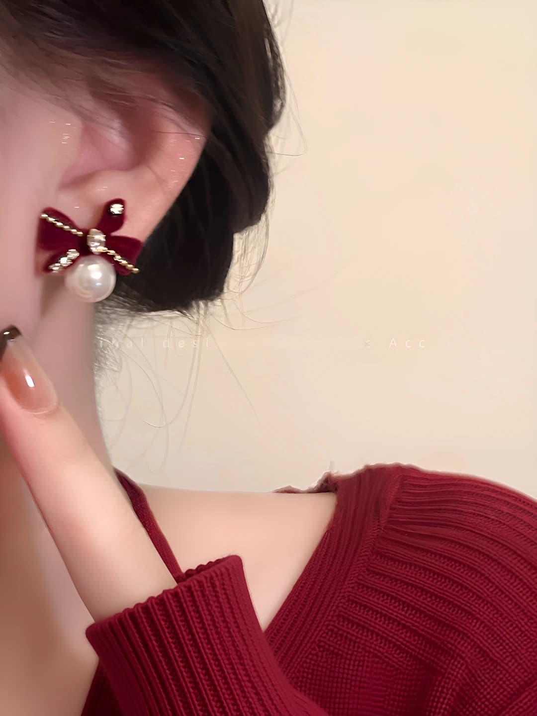Bordo rangli velvet tasma marvarid quloqchin (kumush)