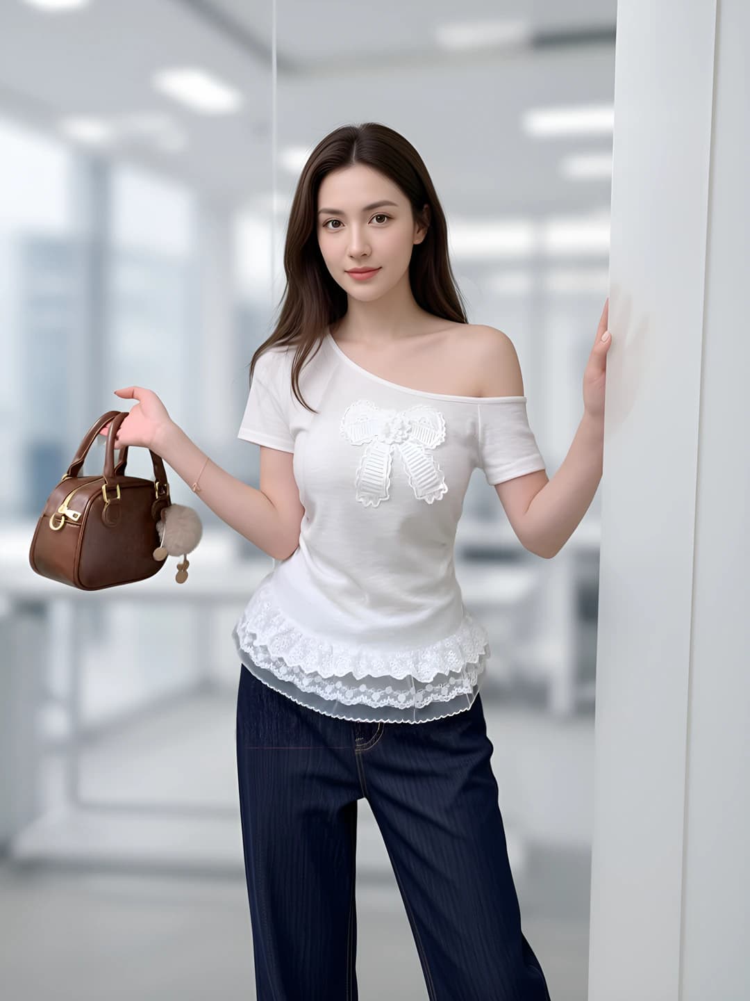 Women's tops with dropped shoulders, slim fit, lace, short sleeve, cropped t-shirt