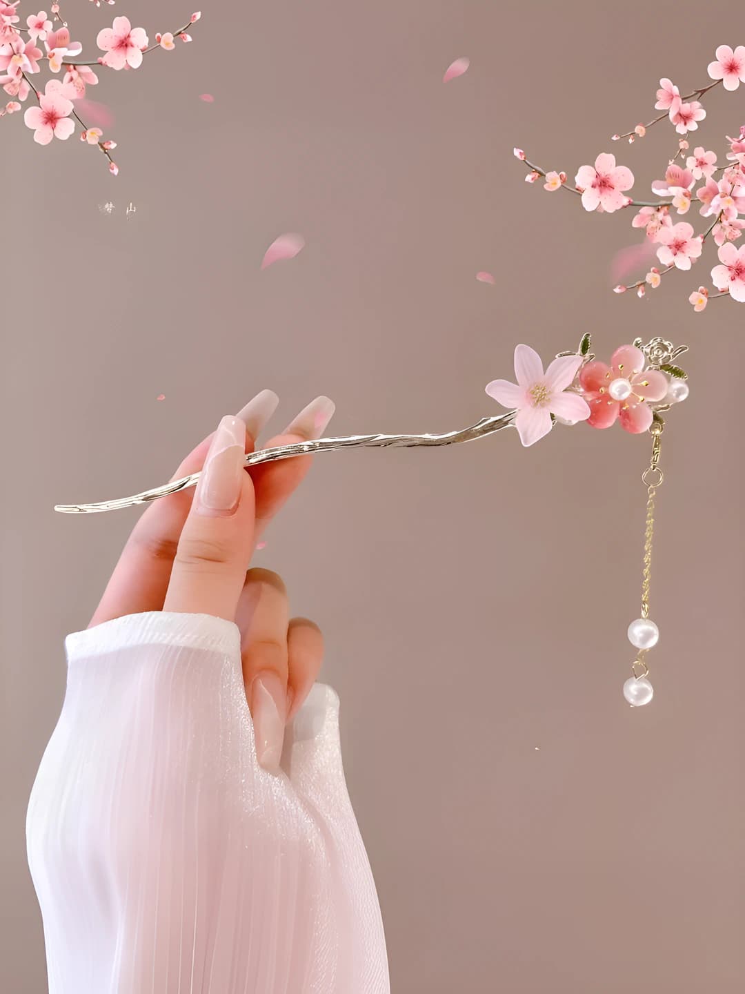 1# Pink peach blossom hairpin