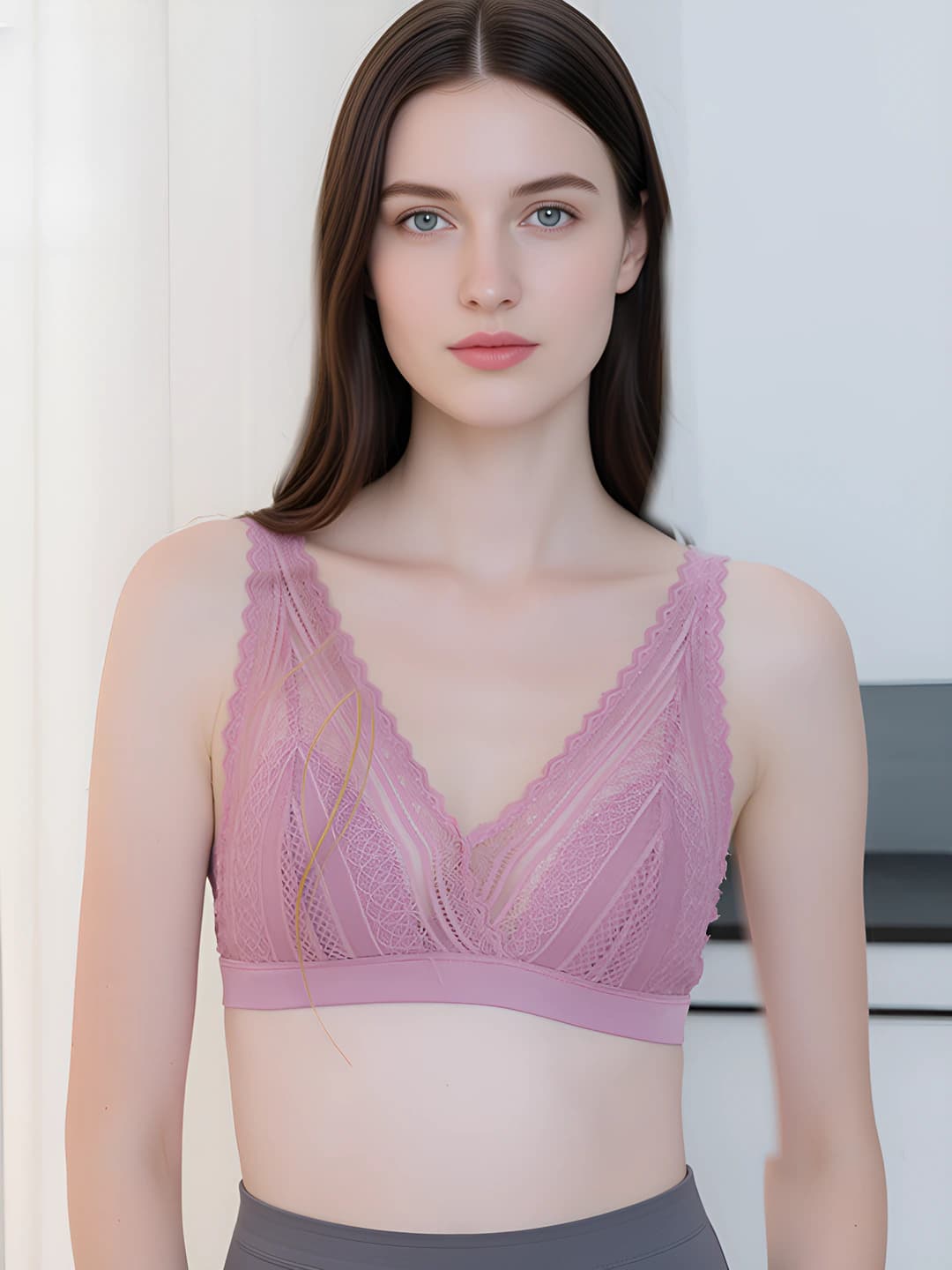 Women's summer French style mulberry silk lace wireless bra, seamless, thin, 3/4 cup
