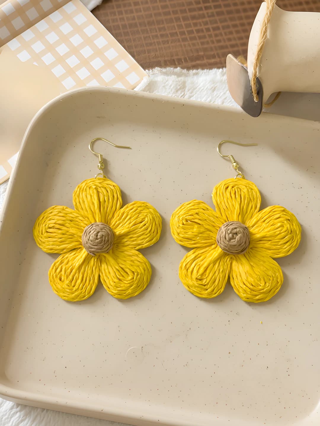 Yellow woven large flower hoop earrings
