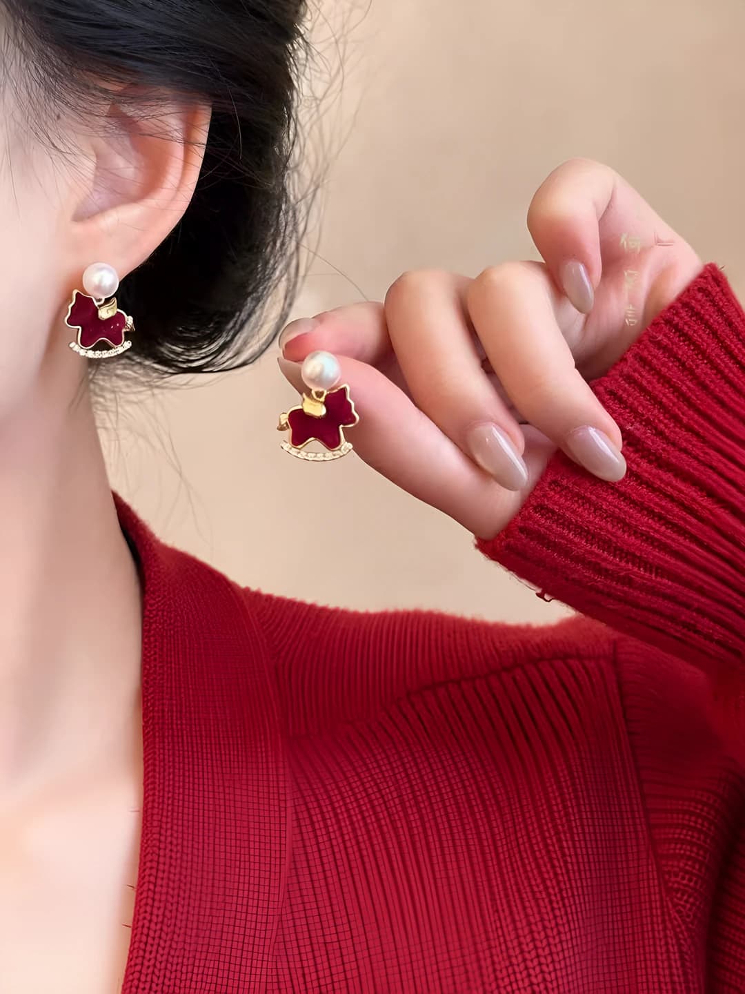 Red velvet pearl pony stud earrings