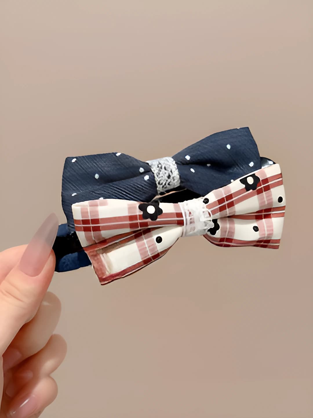 1# Denim blue + red striped double bow clip ~11.5 cm