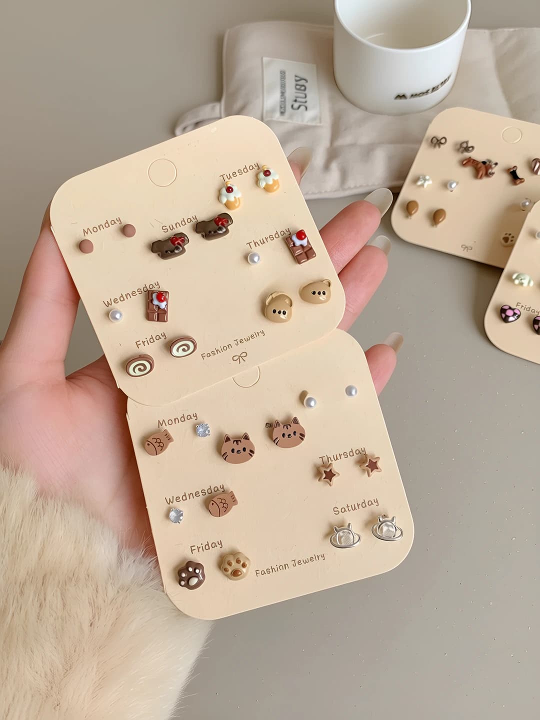 Women's spring stud earrings set: bear, cat, flower, bow and star shapes, 925 silver post, alloy