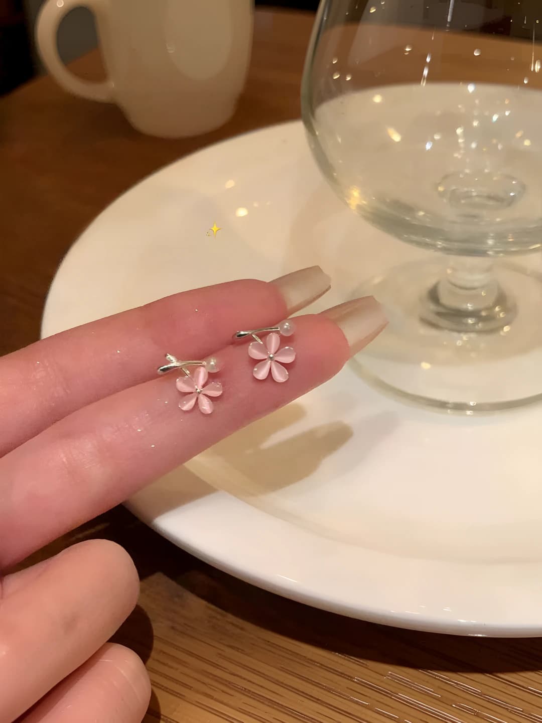 Pink cat's eye floral earrings