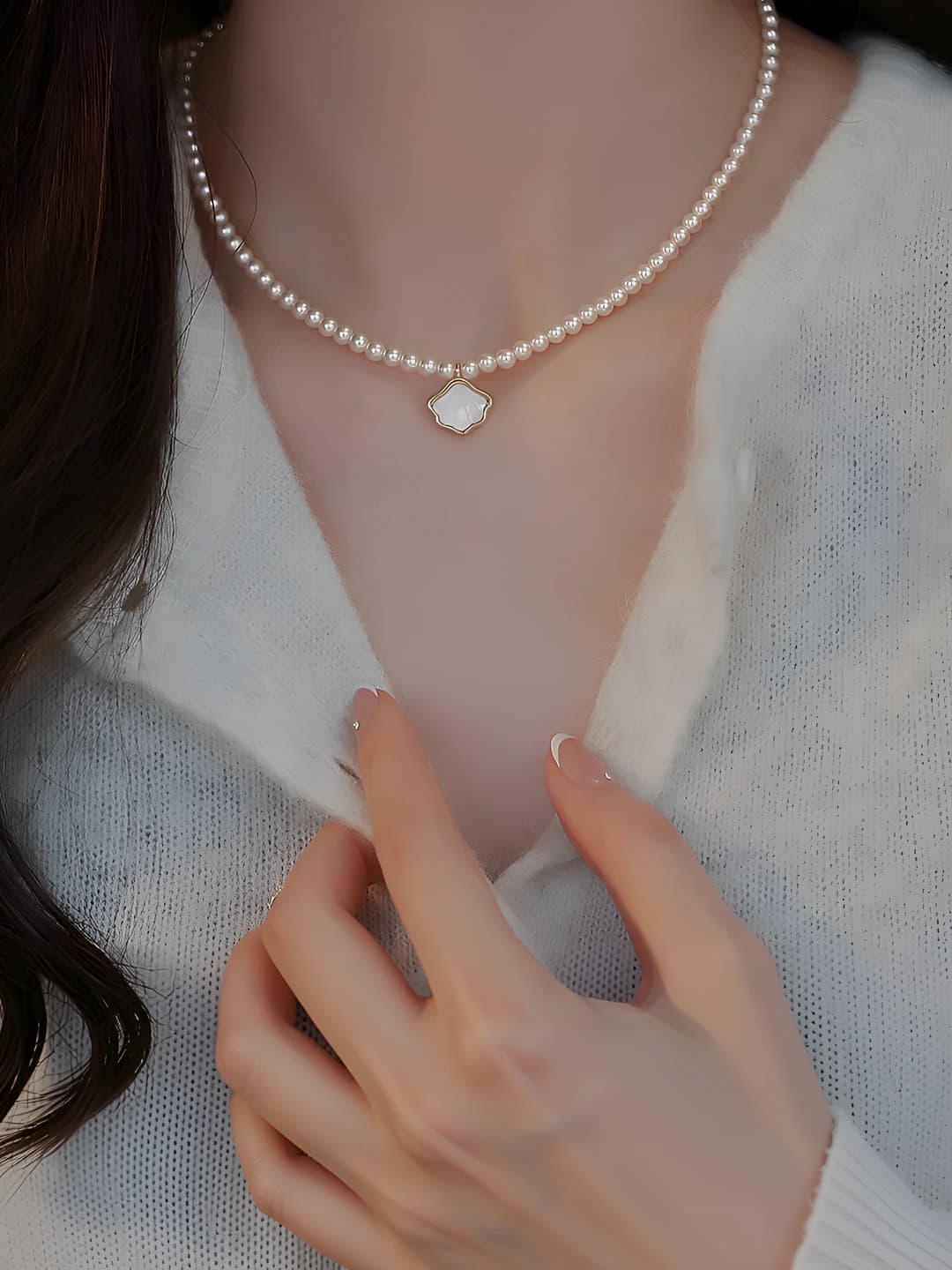 Women's 2026 necklace with faux pearl, heart-shaped zircon and titanium steel, sweet and fresh style