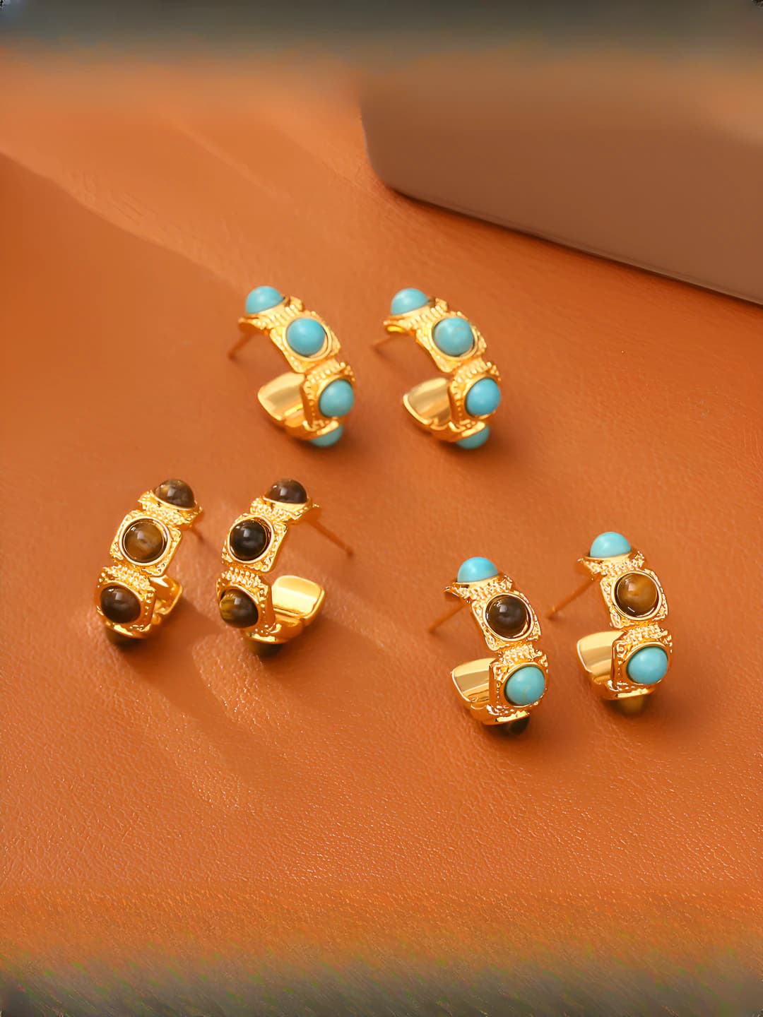 Women's retro style tiger eye C-ring earrings, geometric design element, 925 silver post, real gold plating