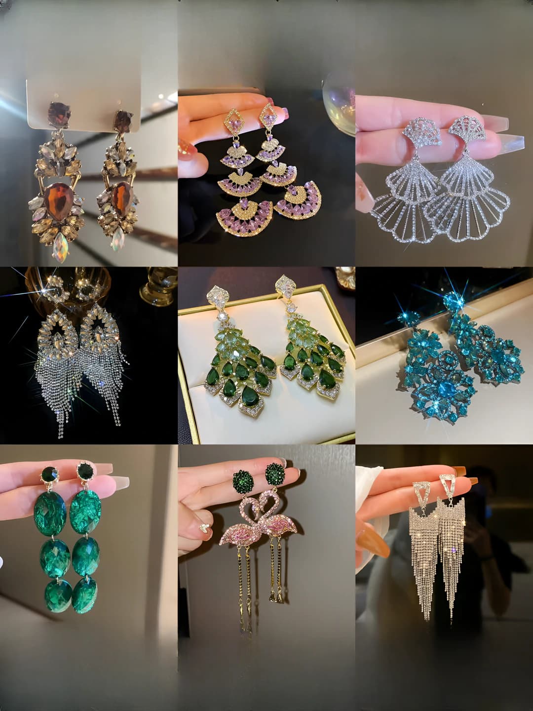Women's retro style flower earrings with zircon inlay and tassels, copper base, steel post