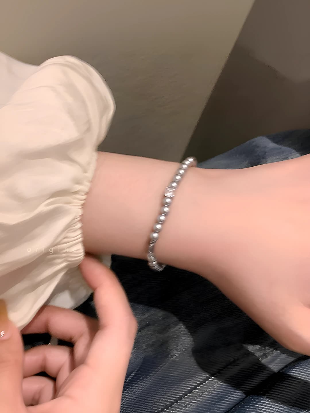 Teal-grey single zircon pearl bracelet