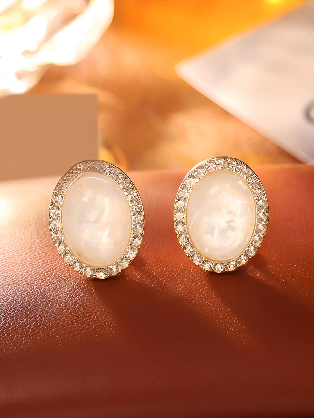 Women's oval geometric design element earrings, real gold plating on copper base, 925 silver post, individual style jewelry