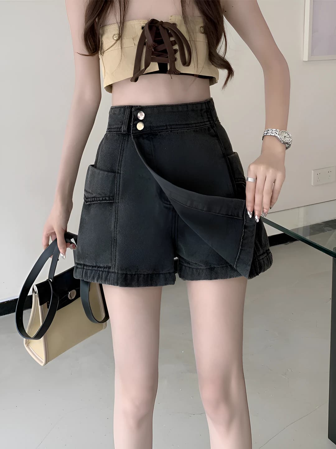 Women's high waist thin denim shorts, slimming A-line cut, plus size, summer