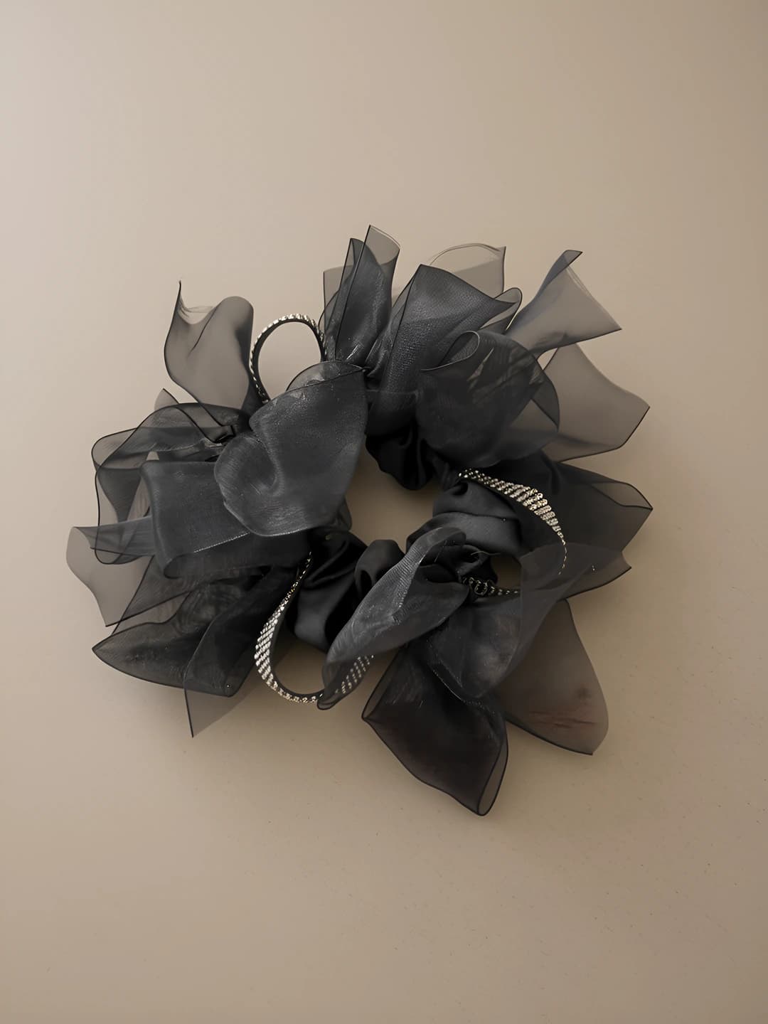 Black crystal 6 row diamond hair tie