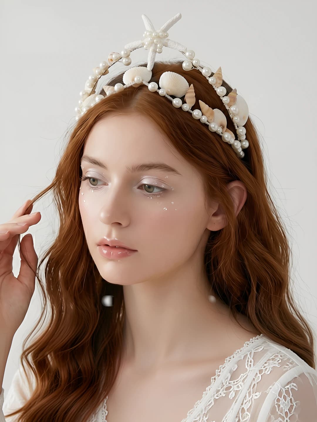 Women's summer shell and pearl mermaid tiara headband, design element: sea star and conch, plastic, handmade