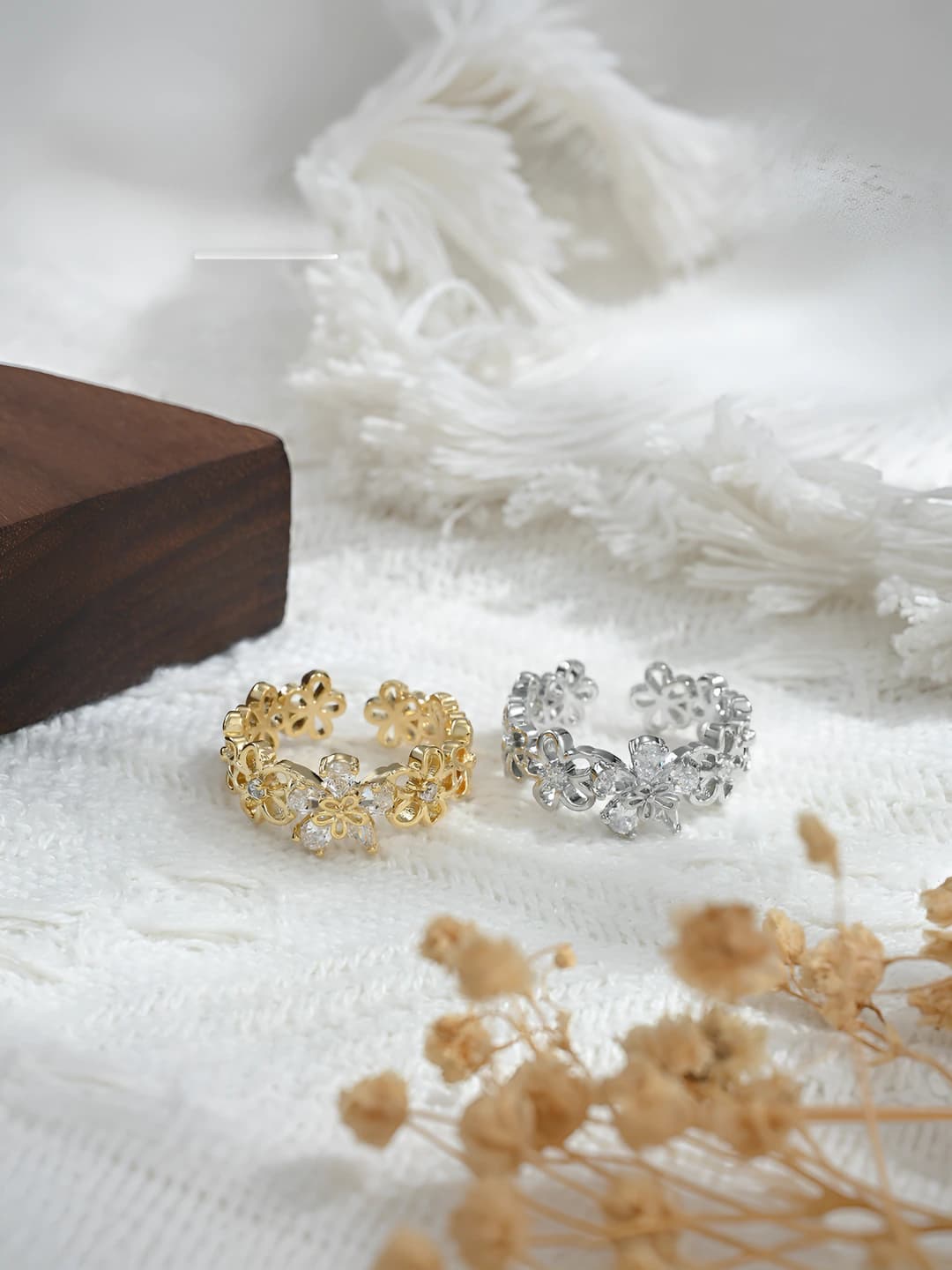 Women's open flower ring with zircon stones, copper, geometric shape, electroplating, ins style