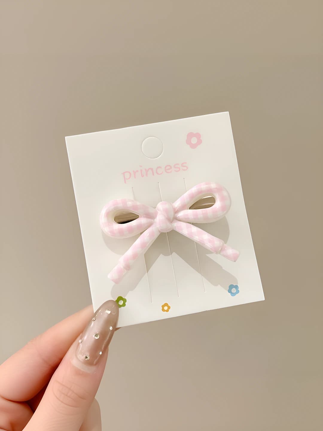 2# Bow, pink plaid, 5 cm