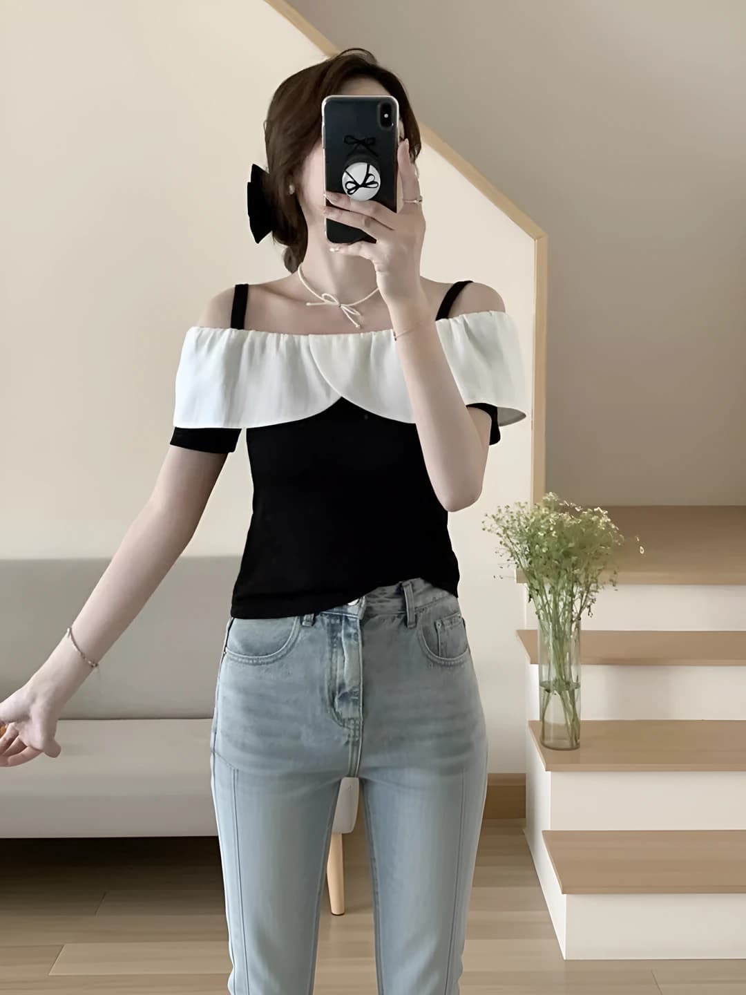 Women's off-shoulder ruffle top for summer, short sleeve, straight cut, black color