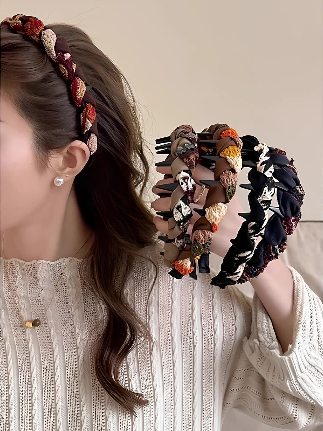 Women's fabric-wrapped toothed headband, retro, autumn-winter, cable knit design element, non-slip