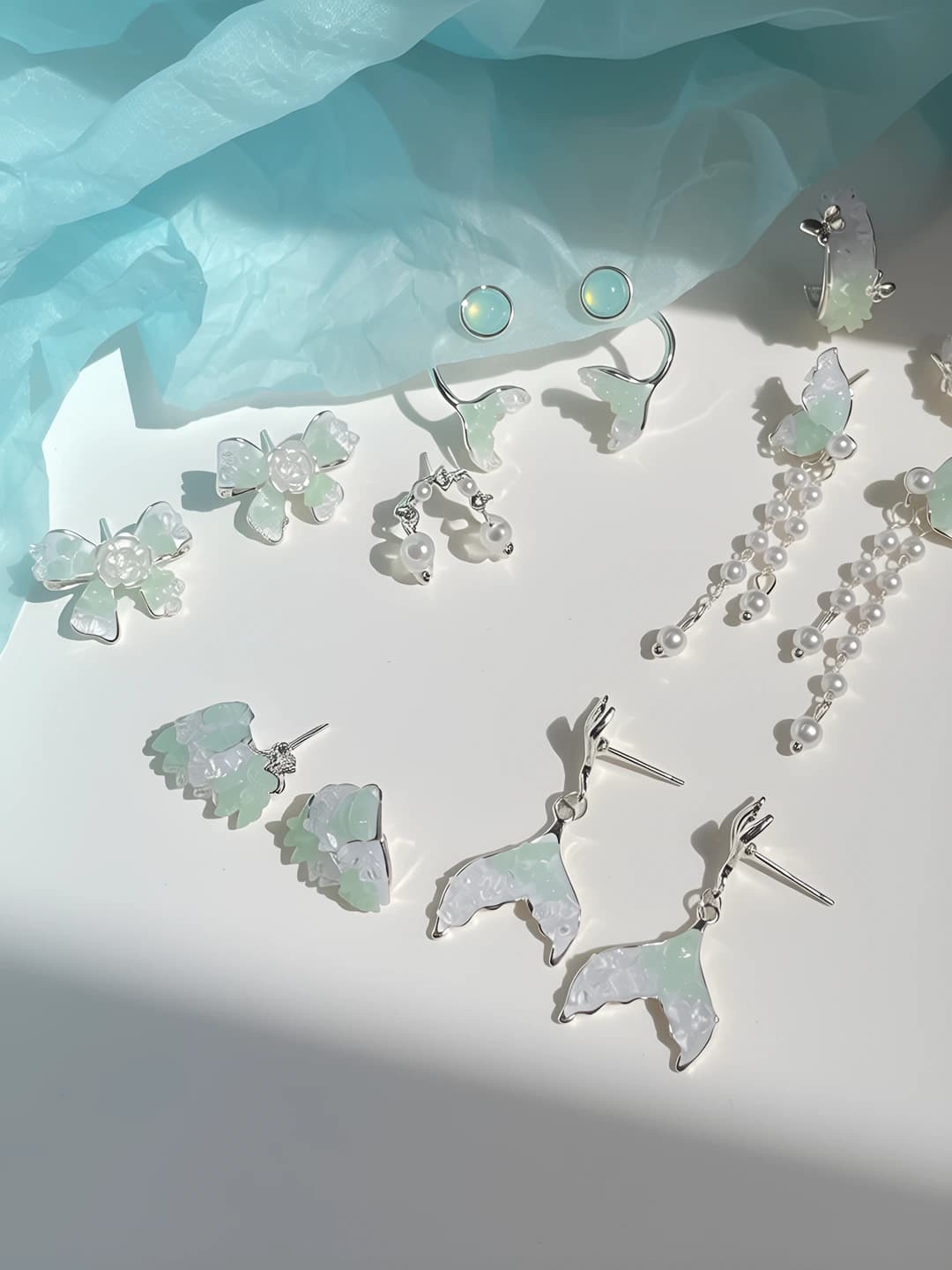 Ayollar uchun dengiz gradient kristal ziraklar, 925 kumush tirqish, mint mamba yashil, yulduz franga, bow dizayn elementi