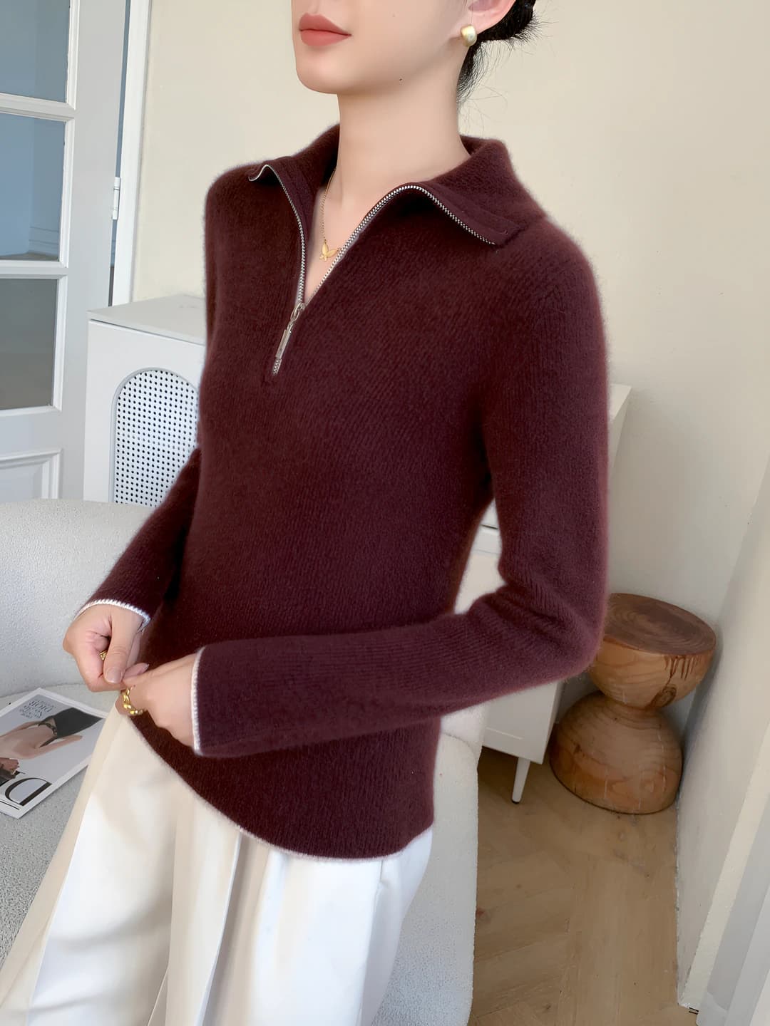 Ayollar uchun kashemir sviter, fermuarli, qaytarma yoqa, uzun yeng, bir rangli, bo'sh (oversize), qalin, kuz-qish