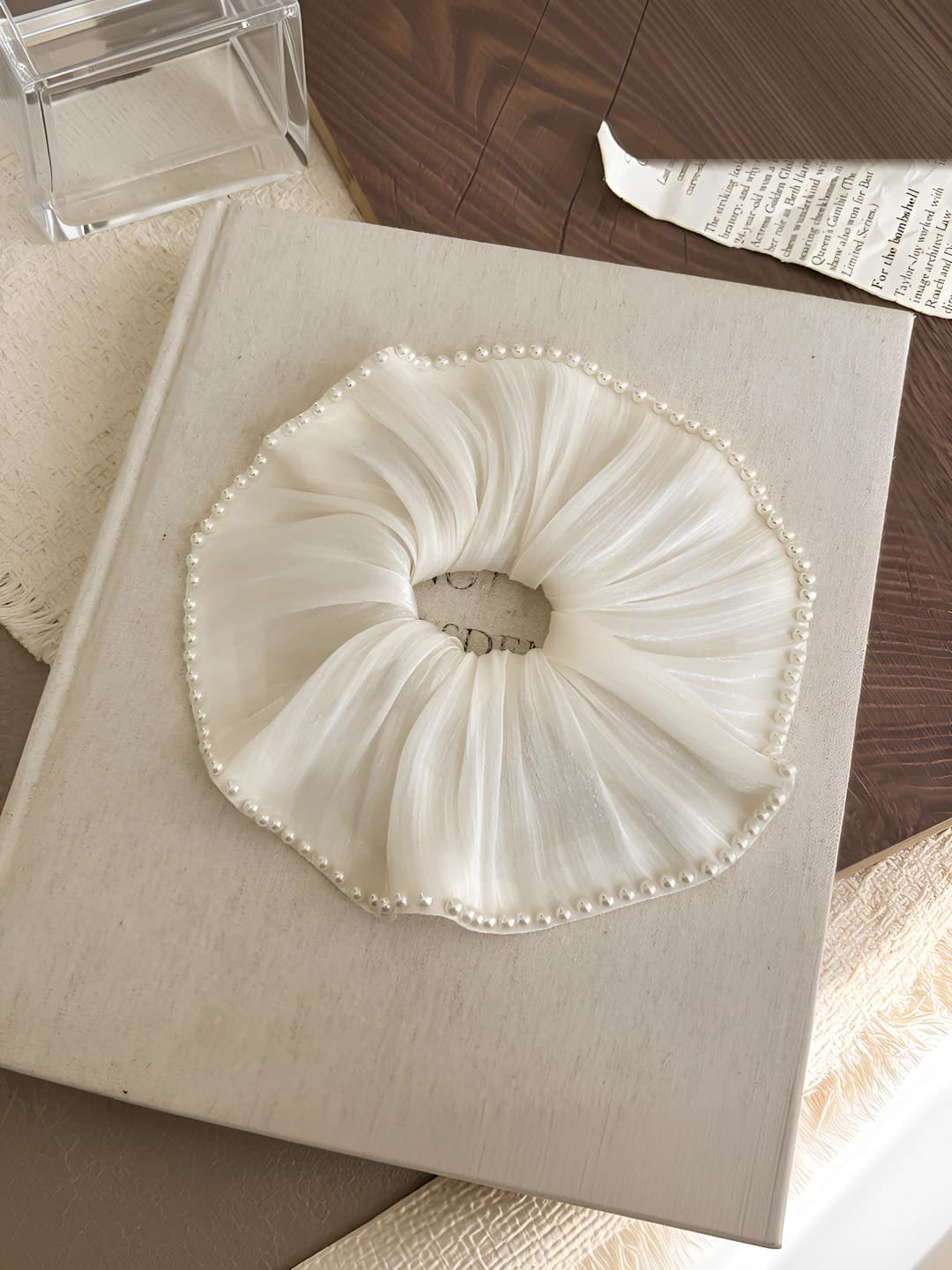 White beads large chiffon hair tie-17.5 cm