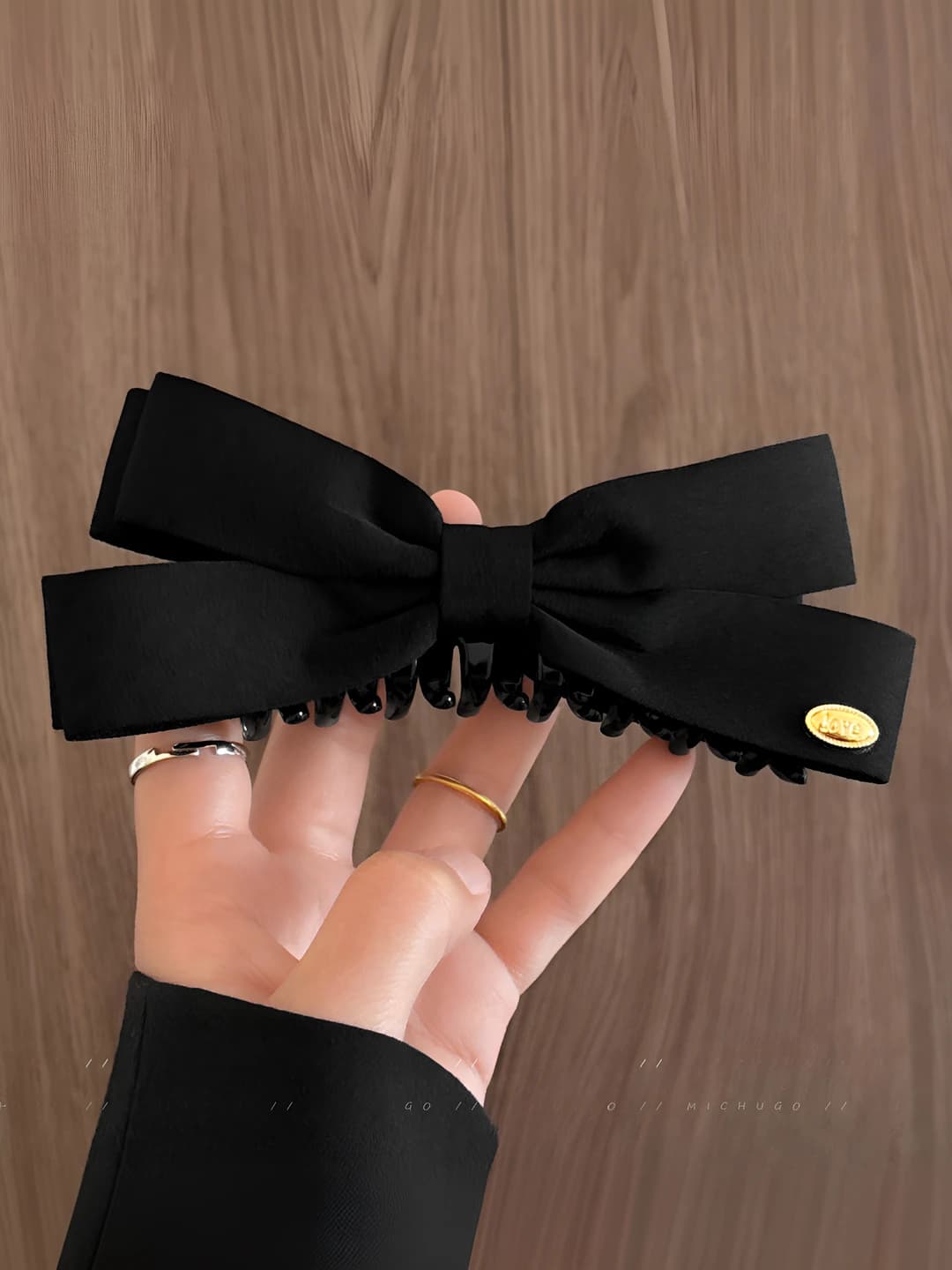 Women's black double-sided bow banana hair clip for high ponytail, Korean/Japanese style
