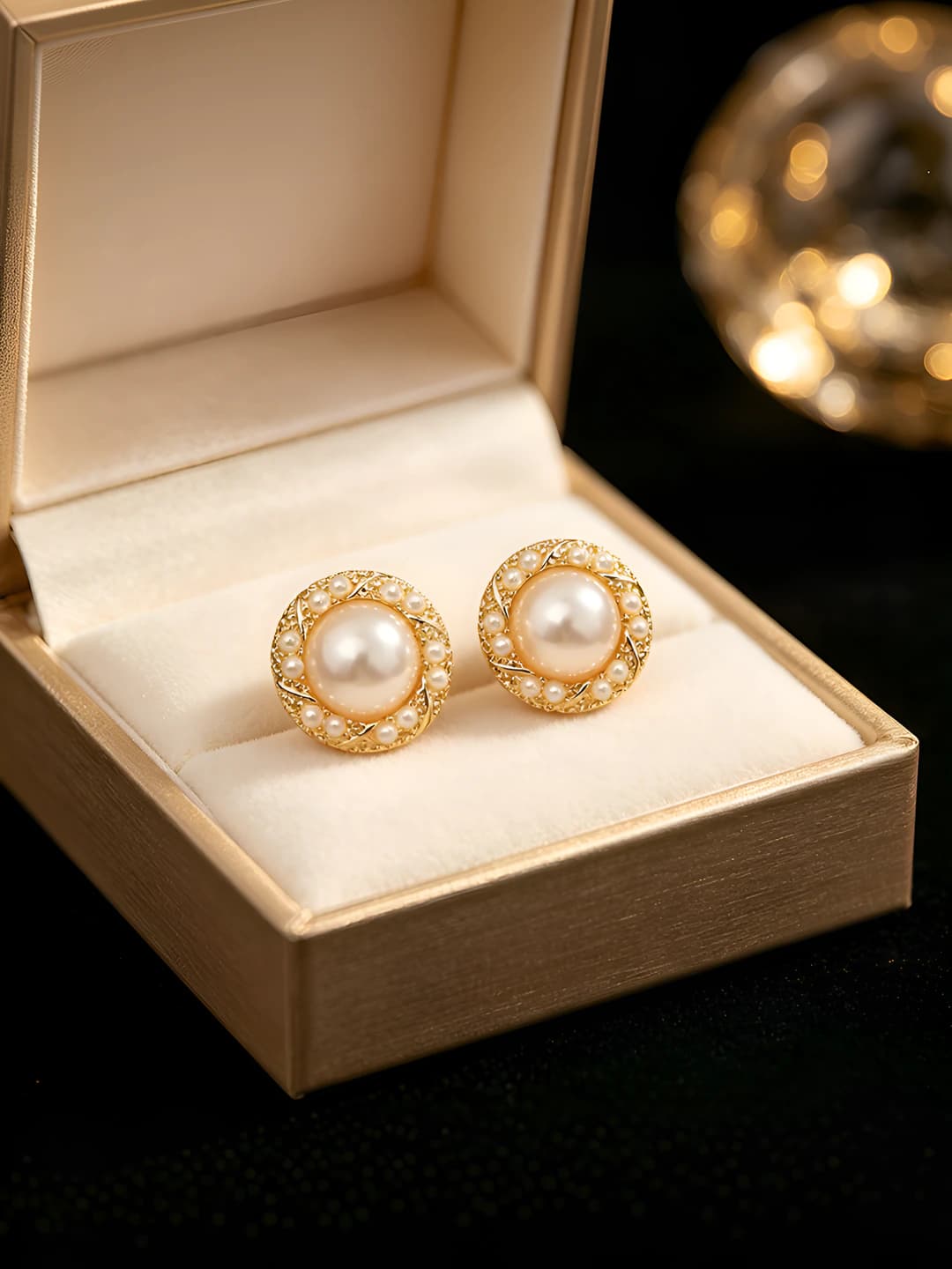 Gold rim circle pearl stud