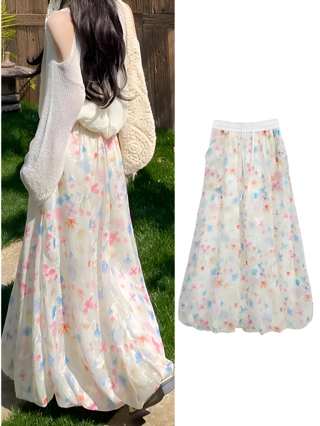 Women's A-line floral mid-length skirt with high waist for autumn 2026, for petite, casual style, polyester fabric