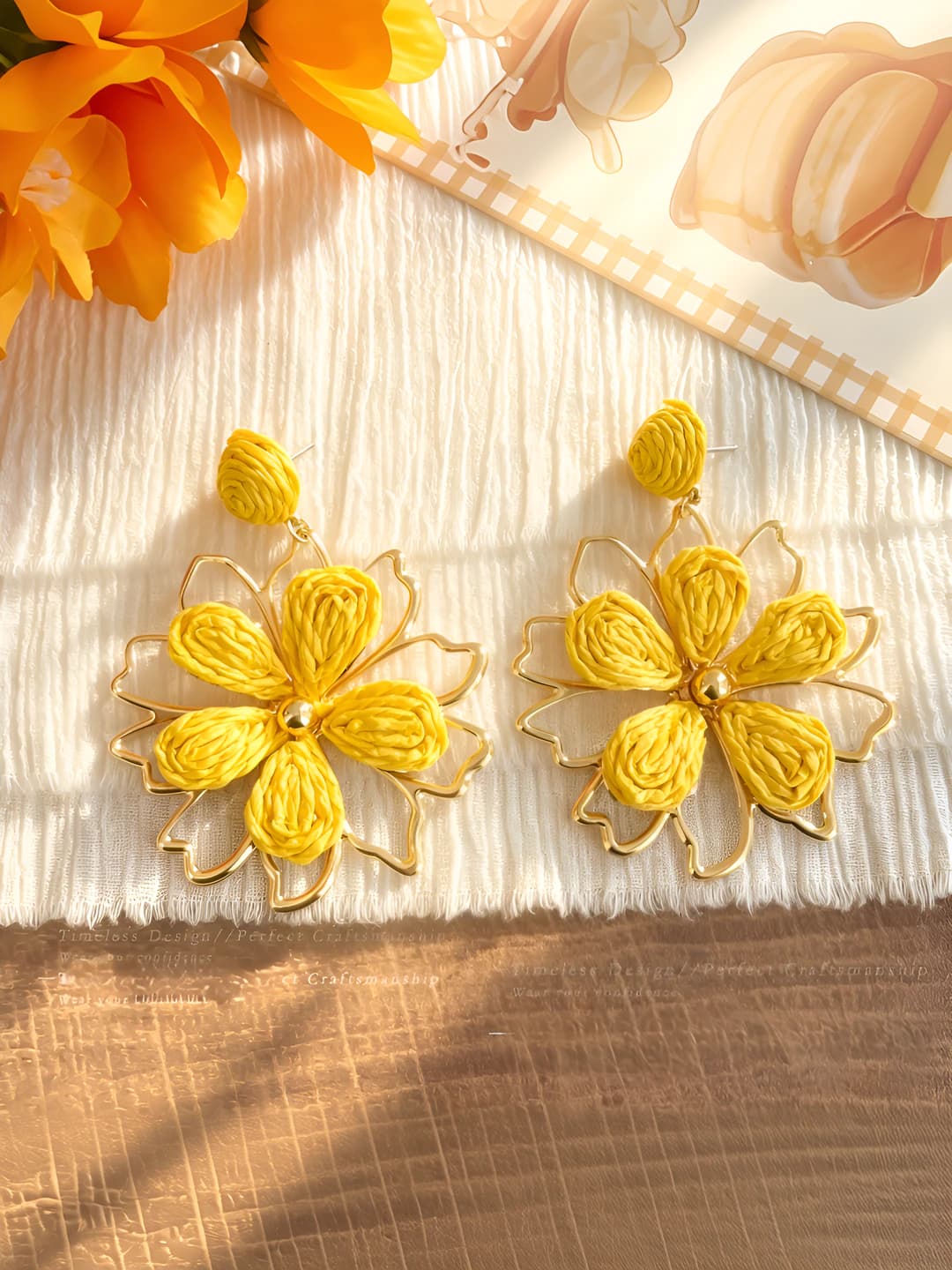 Yellow woven sunflower stud earrings
