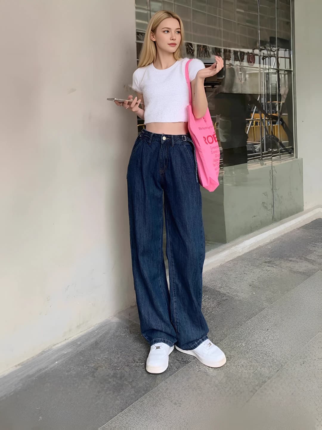 Women's wide-leg jeans in retro style for autumn. High waist, straight cut, slimming effect, loose fit, trousers, for petite.