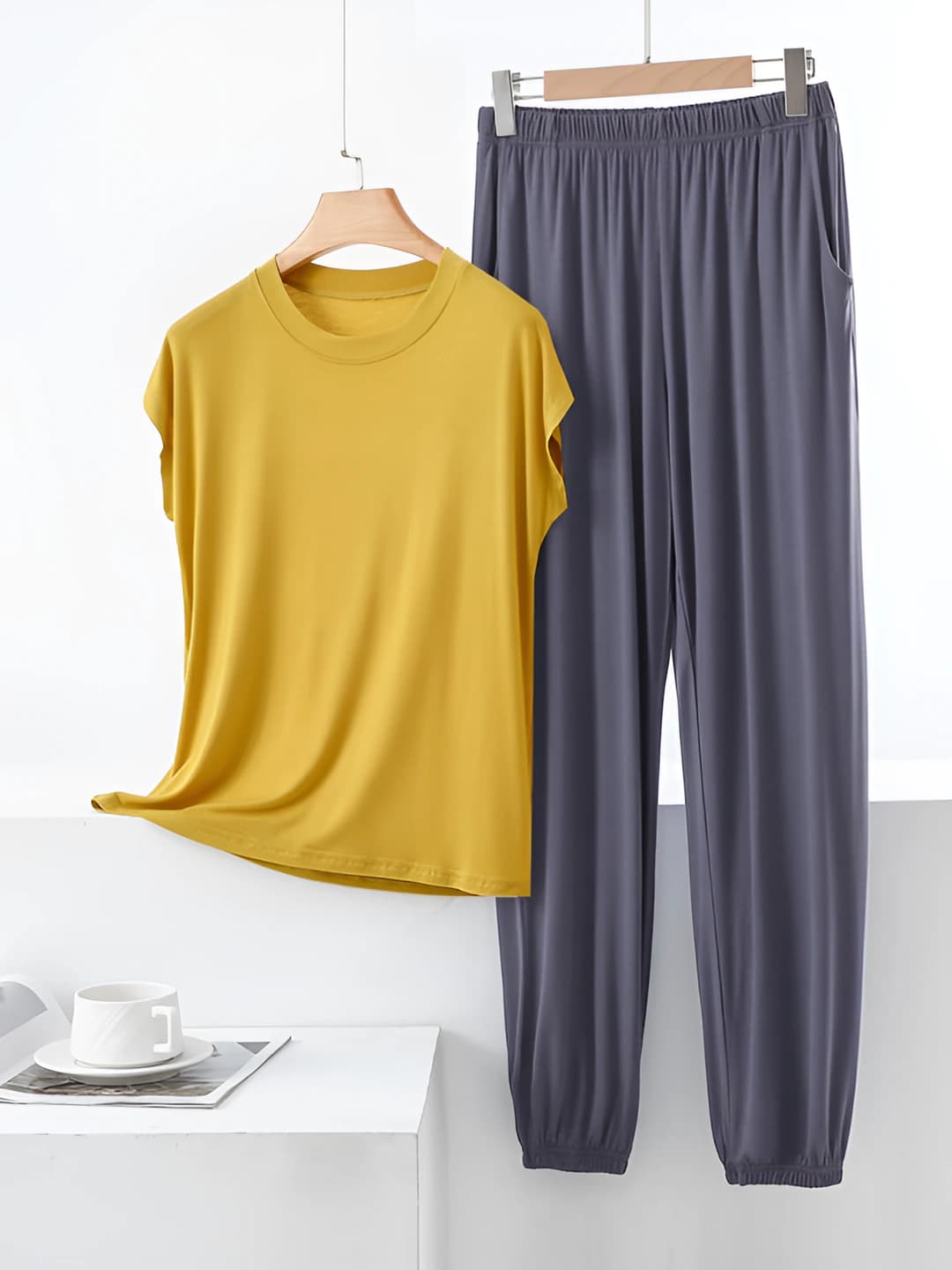 Yellow + dark grey pants