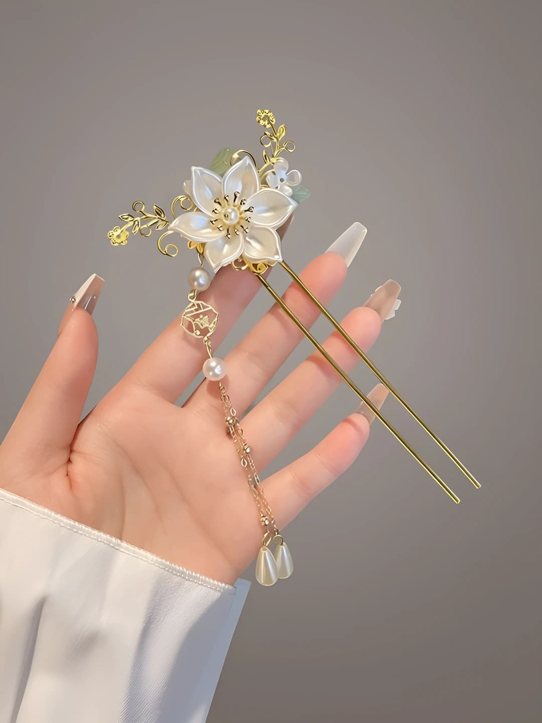 13# White lotus pearl flower gold hairpin tassel (bagged)