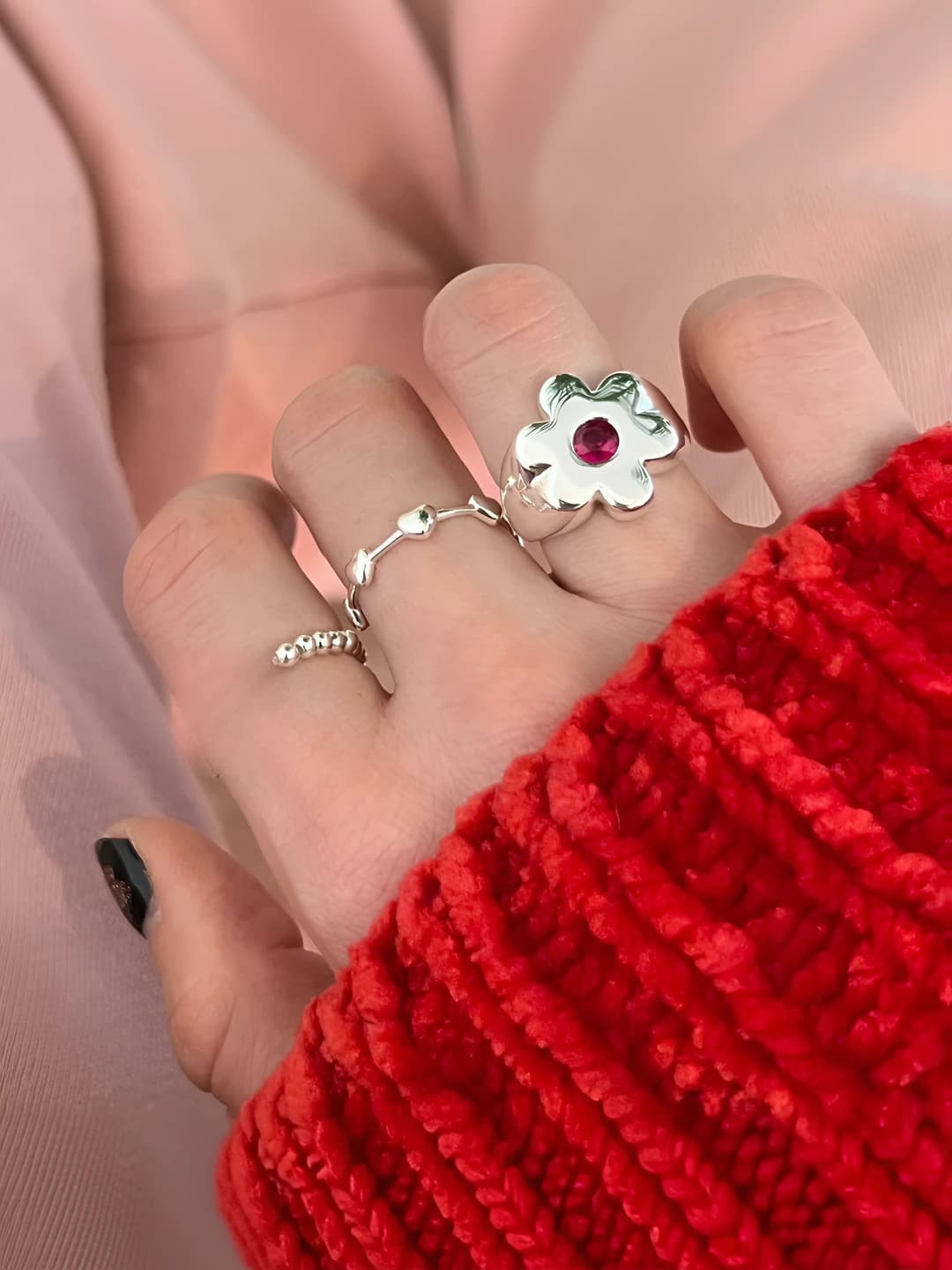 Women's flower open ring, copper, sweet and edgy style, for stacking