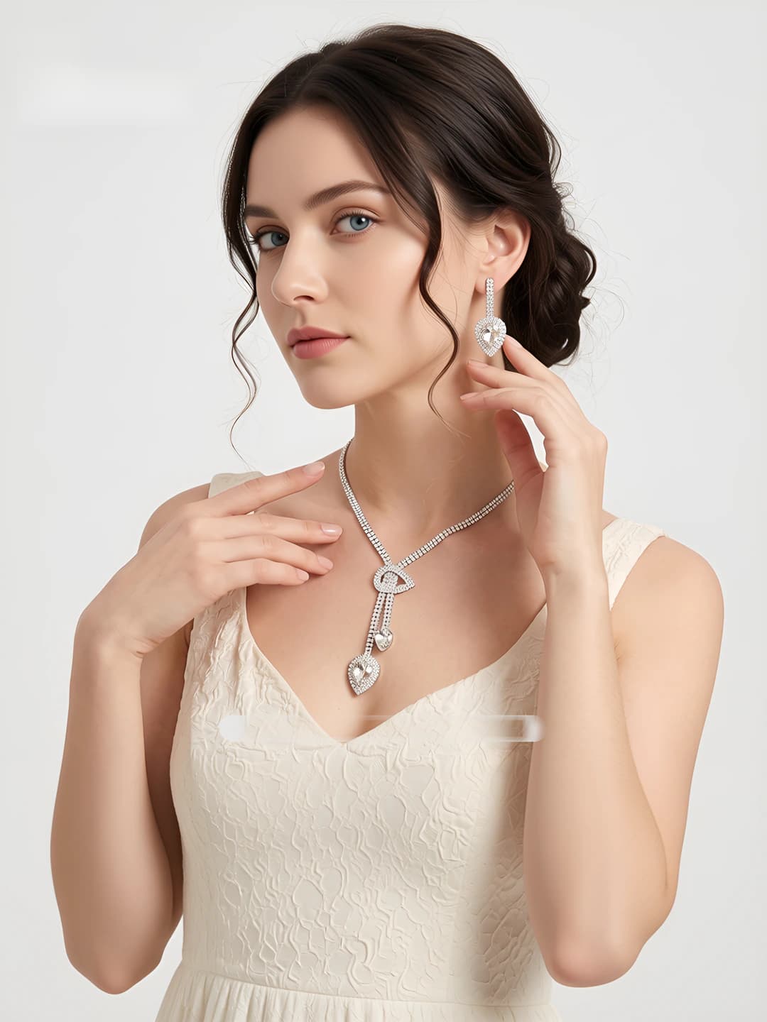 Women's rhinestone jewelry set: necklace and earrings, with chain, heart, drop, and bell pattern, simple style, for wedding, party, and daily wear