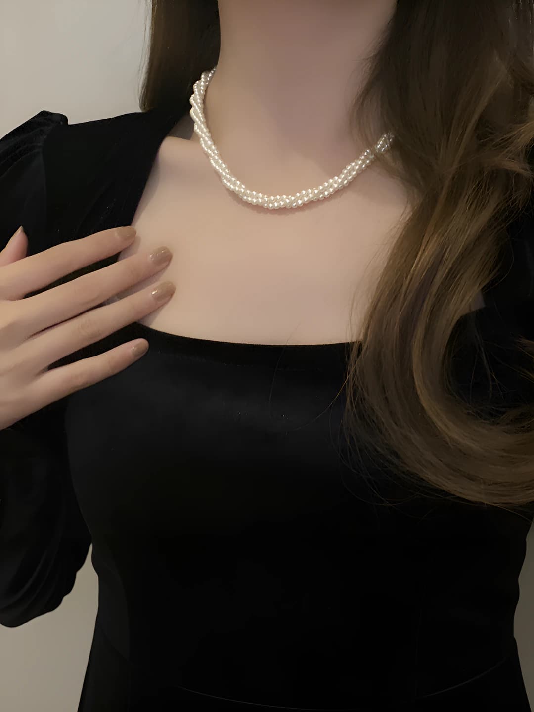 Women's beaded necklace: multi-layered, cable knit, imitation pearl, autumn-winter