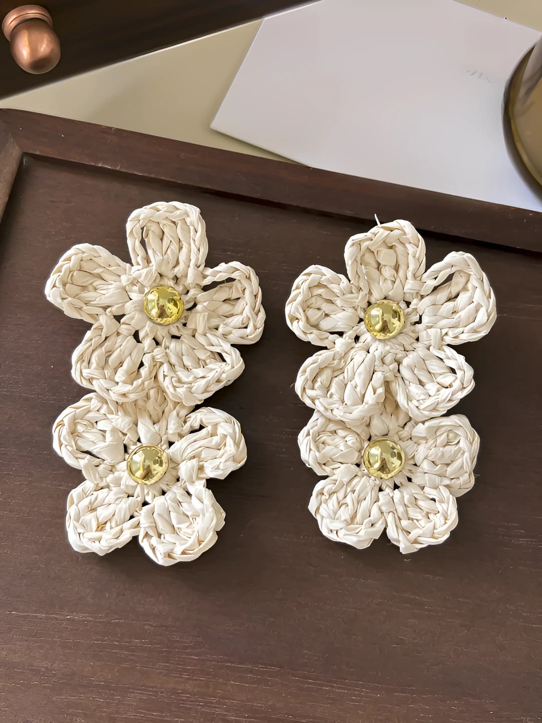 Double layer beige flower studs - 925 silver