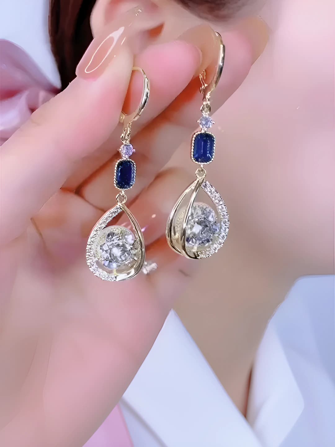 Women's gold-plated alloy drop earrings with 925 silver post, design element: pearl and teardrop, style: rustic