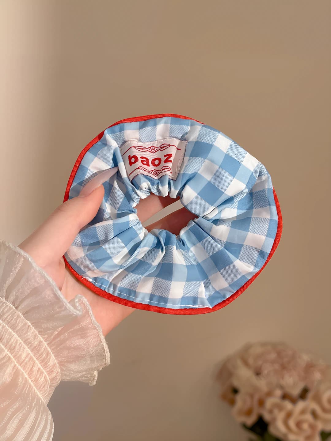 Blue plaid scrunchie ~14 cm
