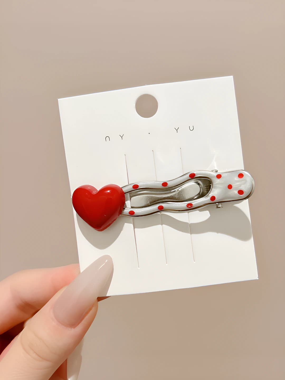 1# Red heart polka dot wave clip - 6.5 cm