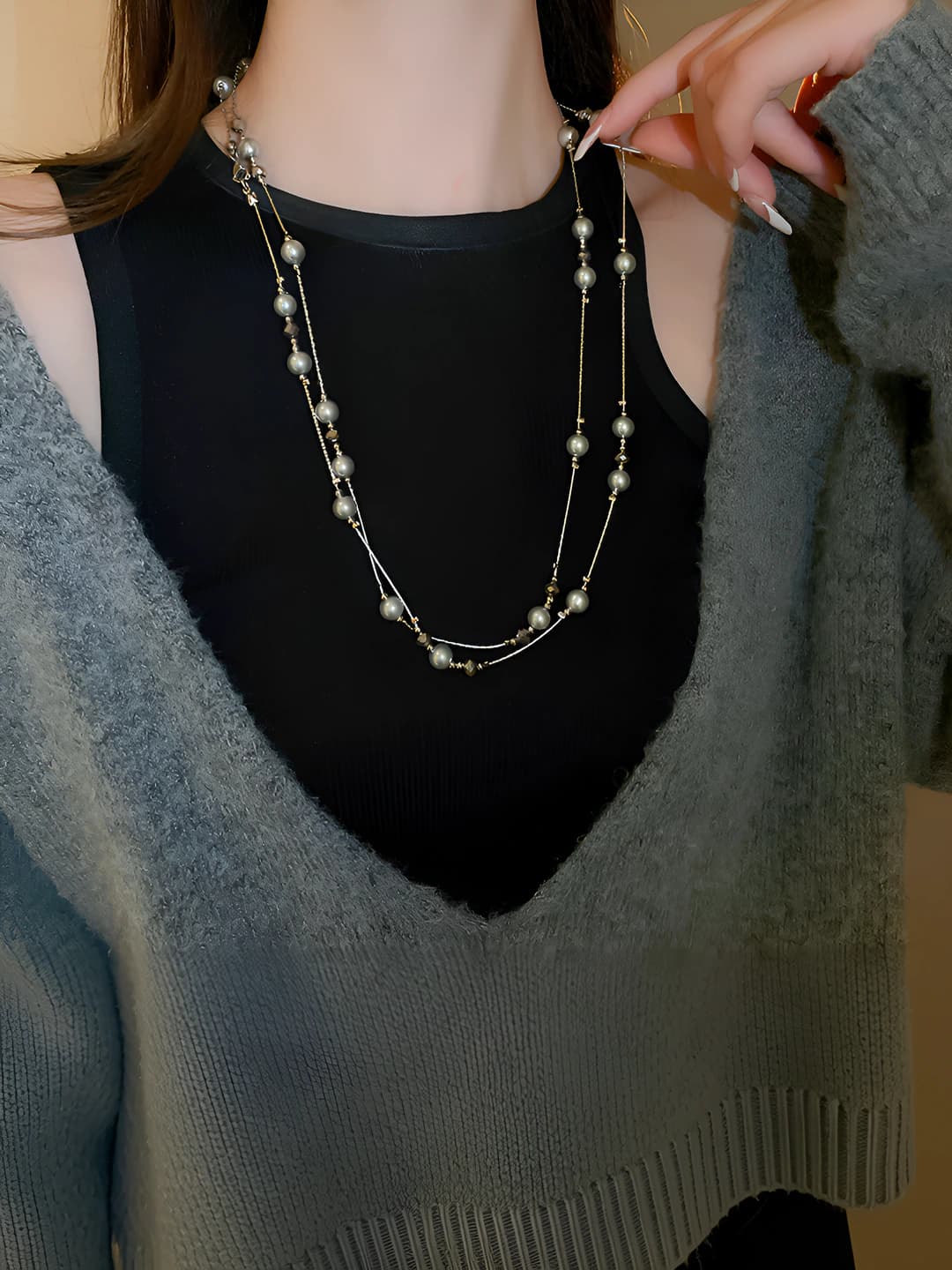 36# Necklace - Silver - Glass beads 8mm