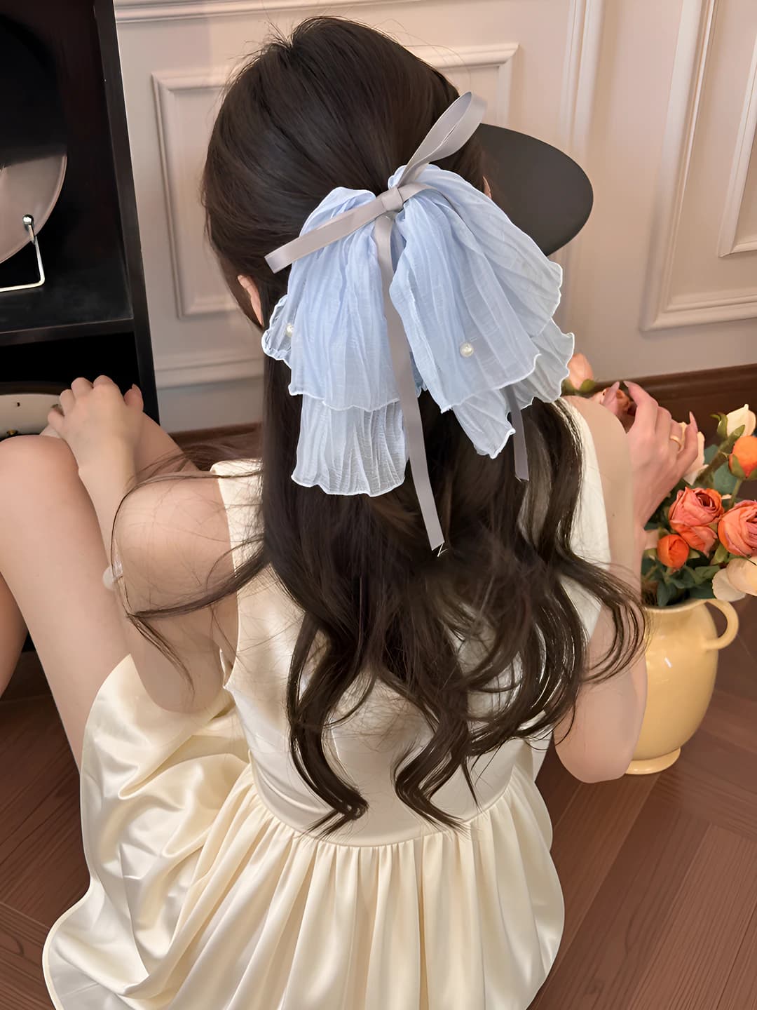 Blue, 4 cm, ribbon 17 cm, bow 18 cm