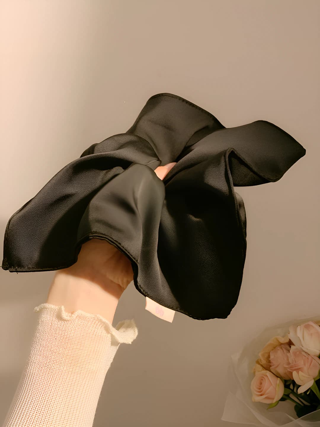 Black satin square scrunchie