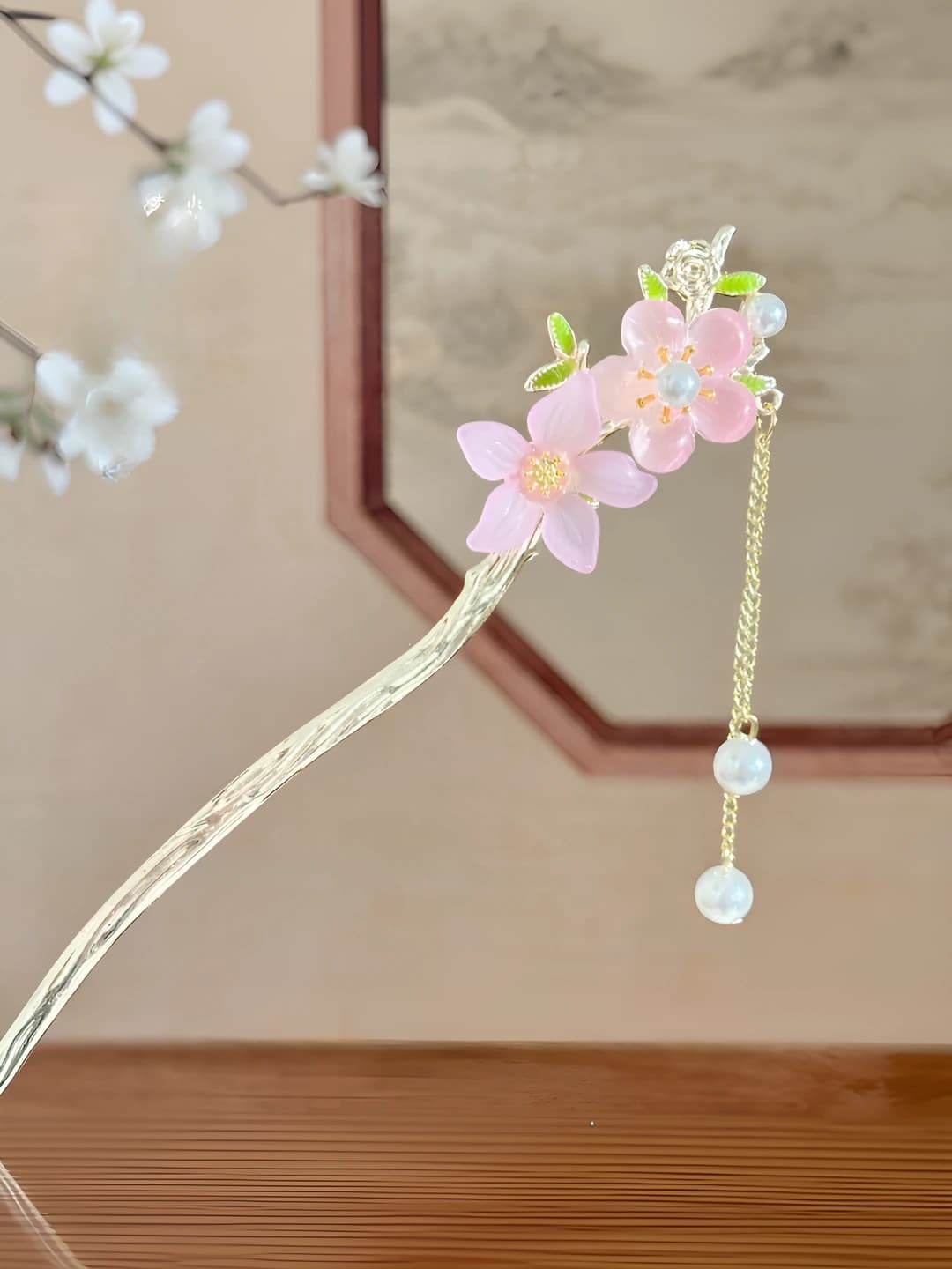 1# Pink peach blossom hairpin