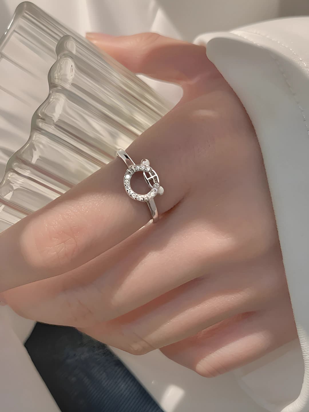 Women's ring: Chinese style, fully set with zircon, open design, for index finger